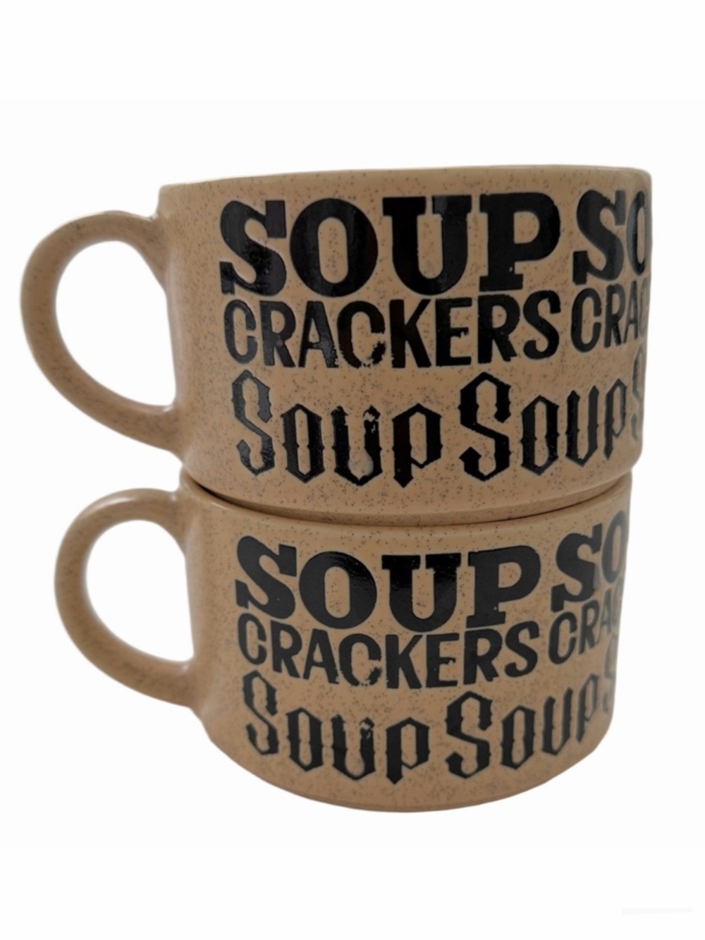 Vintage Pair 1970's Soup Crackers Speckled Stoneware Large Tan Soup Mugs Japan